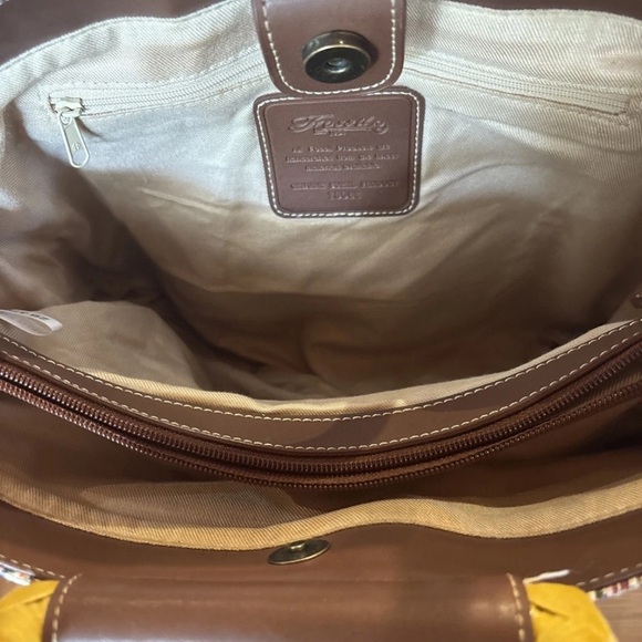 Fossil Handcrafted  Bag 14”L 11”H Wood Handles & Shoulder Strap Weave Multicolor - Picture 7 of 13